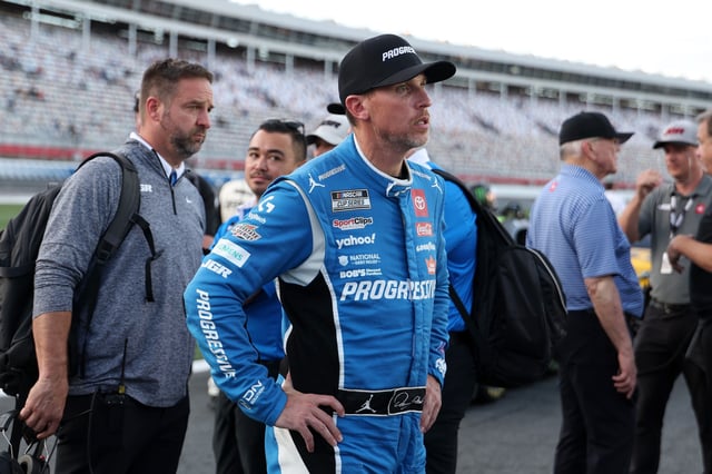 CONCORD, NORTH CAROLINA - OCTOBER 05: Denny Hamlin, driver of the #11 Progressive Toyota, reacts after the NASCAR Cup Series Bank of America ROVAL 400 at Charlotte Motor Speedway on October 05, 2025 in Concord, North Carolina. (Photo by David Jensen/Getty Images)