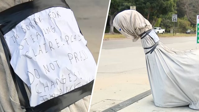 Claire the Brentwood Sinclair dinosaur was returned to the business with a note after she was stolen.