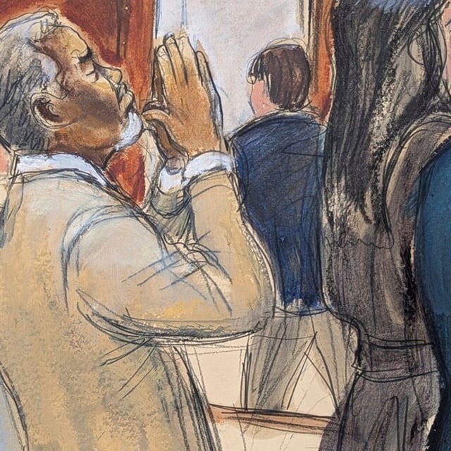 In this courtroom sketch, Sean "Diddy" Combs reacts after he was convicted of prostitution-related offenses but acquitted of sex trafficking and racketeering charges that could have put him behind bars for life, Wednesday, July 2, 2025, in Manhattan federal court in New York. (Elizabeth Williams via AP)
