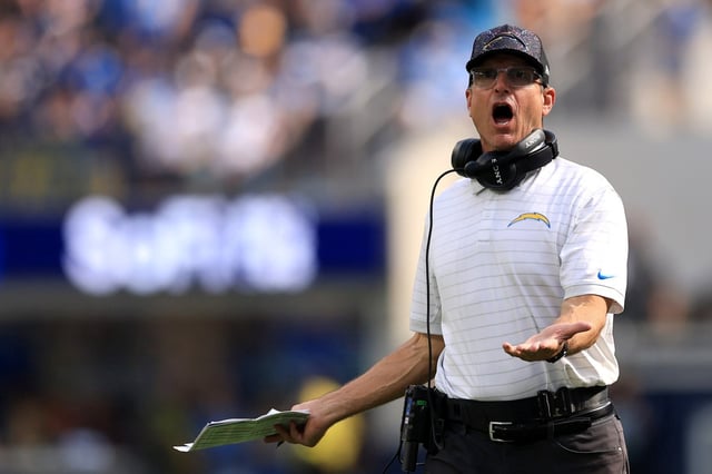 Head coach Jim Harbaugh of the Chargers reacts against the Washington Commanders at SoFi Stadium on October 5, 2025 in Inglewood, California. (Photo by Luke Hales/Getty Images)