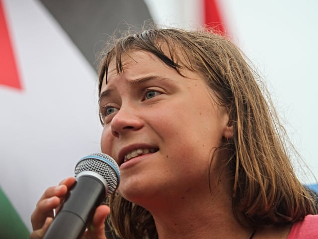 Greta Thunberg speaks at Sidi Bou Said Port in support of the Global Sumud Flotilla on 07 September 2025, an international civilian aid fleet including activists, artists, politicians, doctors, and journalists of more than 44 countries, set sail from Tunis, Tunisia, bound for Gaza on September 10, 2025. In solidarity with Palestine and to break Israel's blockade, the Global Sumud Flotilla will set sail from the Port of Tunis as from Italy, Greece, and Spain into the Mediterranean Sea.  (Photo by Hasan Mrad/UCG)
