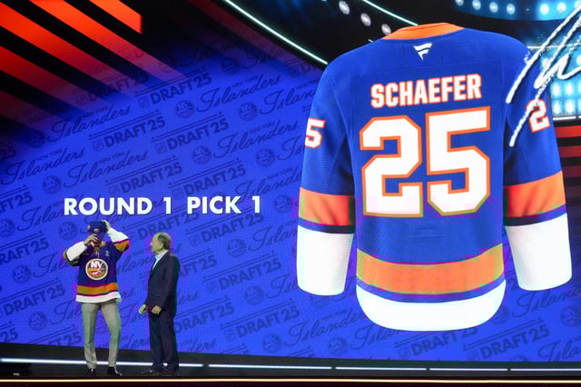 Jun 27, 2025; Los Angeles, California, USA; Matthew Schaefer is selected as the first overall pick to the New York Islanders in the first round of the 2025 NHL Draft at Peacock Theater. Mandatory Credit: Kirby Lee-Imagn Images/ File Photo