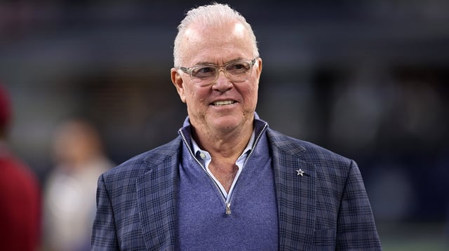 Dec 22, 2024; Arlington, Texas, USA; Dallas Cowboys CEO Stephen Jones walks on the field before the game against the Tampa Bay Buccaneers at AT&T Stadium. Mandatory Credit: Tim Heitman-Imagn Images