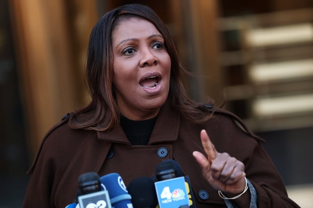 NEW YORK, NEW YORK - FEBRUARY 14: NY Attorney General Letitia James speaks during a press conference on the Department of Government Efficiency (DOGE) at Manhattan Federal Courthouse on February 14, 2025 in New York City.