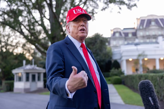 WASHINGTON, DC - OCTOBER 05: U.S. President Donald Trump talks to the media after walking off Marine One on the South Lawn of the White House on October 05, 2025 in Washington, DC. Trump was returning from a celebration of the Navy’s 250th anniversary in Norfolk, Virginia.  (Photo by Tasos Katopodis/Getty Images)