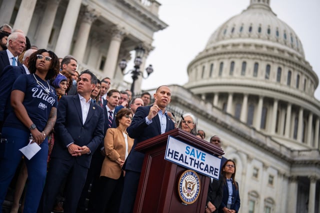 House Minority Leader Hakeem Jeffries, D-N.Y., speaks during a rally with members of the Democratic caucus about how a government shutdown would negatively effect health care coverage, on the House steps on Sept. 30.