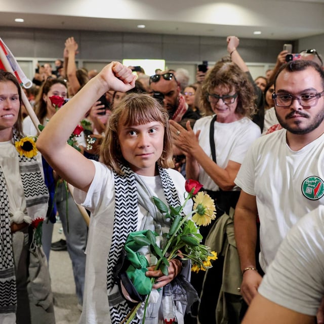 Swedish activist Greta Thunberg, who was part of the Global Sumud Flotilla arrives in Athens on Monday.