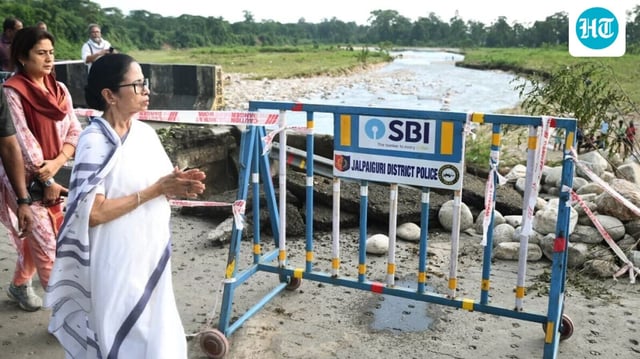 West Bengal CM Mamata Banerjee conducts an inspection of the flood-affected Kalikhola Bridge at Nagrakata, in Jalpaiguri on Monday