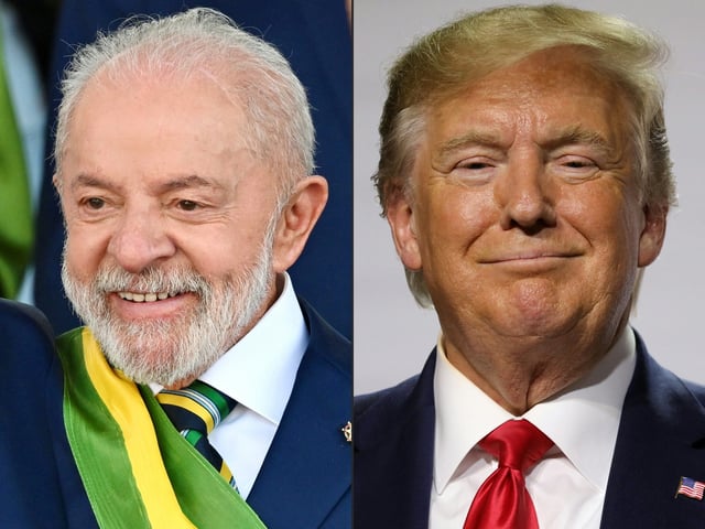 El presidente de Brasil, Luiz Inácio Lula da Silva, durante las celebraciones del Día de la Independencia en Brasilia, el 7 de septiembre de 2025, y el presidente de Estados Unidos, Donald Trump, durante una conferencia de prensa en Francia, el 26 de agosto de 2019