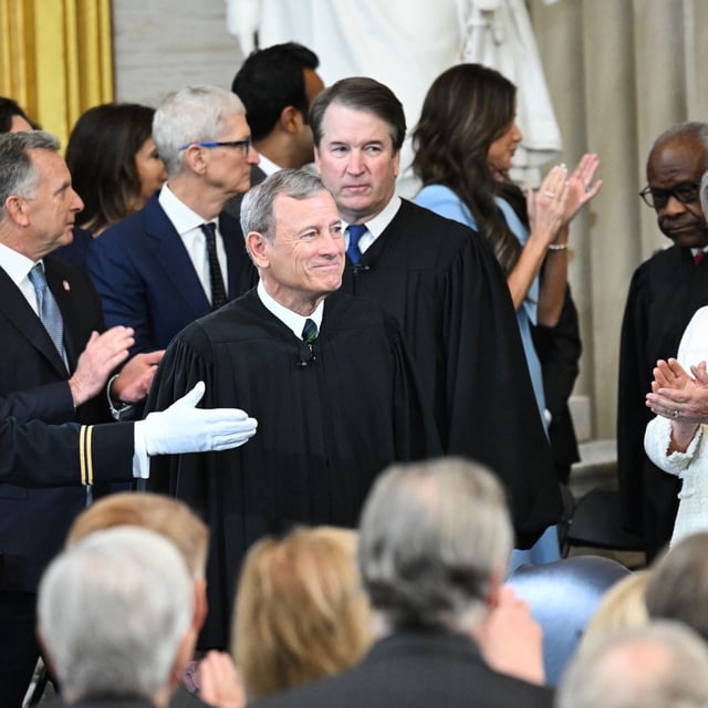 US Supreme Court Chief Justice John Roberts and Supreme Court Justice Brett Kavanaugh arrive for the inauguration ceremony before Donald Trump is sworn in as the 47th US President in the US Capitol Rotunda in Washington, DC, on January 20, 2025. (Photo by SAUL LOEB / POOL / AFP) WASHINGTON, DC - JANUARY 20:  US Supreme Court Chief Justice John Roberts and Supreme Court Justice Brett Kavanaugh attend the inauguration of Donald Trump in the U.S. Capitol Rotunda on January 20, 2025 in Washington, DC. Donald Trump takes office for his second term as the 47th president of the United States. (Photo by Saul Loeb - Pool/Getty Images)