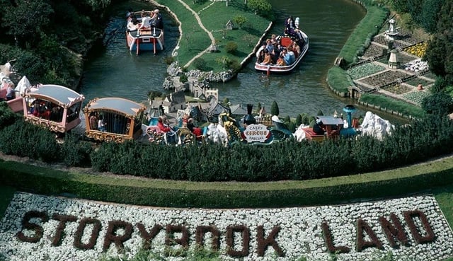 A historic aerial view of the Storybook Land Canal Boats attraction at Disneyland. (Courtesy of Disneyland)