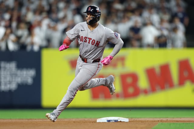NEW YORK, NEW YORK - SEPTEMBER 30: Carlos Narváez #75 of the Boston Red Sox runs around second base after a double hit by Nate Eaton #40 (not pictured) against the New York Yankees during the fourth inning of game one of the American League Wild Card Series at Yankee Stadium on September 30, 2025 in the Bronx borough of New York City.  (Photo by Ishika Samant/Getty Images)