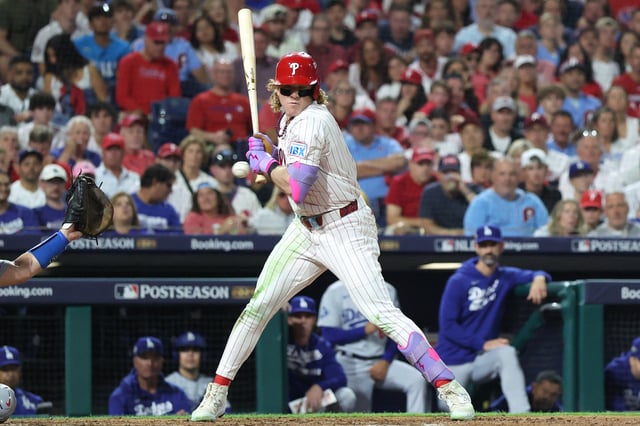 Oct 4, 2025; Philadelphia, Pennsylvania, USA; Philadelphia Phillies left fielder Harrison Bader (2) is hit by a pitch in the fifth inning against the Los Angeles Dodgers during game one of the NLDS round for the 2025 MLB playoffs at Citizens Bank Park. Mandatory Credit: Bill Streicher-Imagn Images/ File Photo