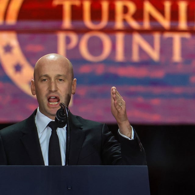 GLENDALE, ARIZONA - SEPTEMBER 21: White House Deputy Chief of Staff Stephen Miller speaks during the memorial service for political activist Charlie Kirk at State Farm Stadium on September 21, 2025 in Glendale, Arizona. Kirk, the CEO and co-founder of Turning Point USA, was shot and killed on September 10th while speaking at an event during his "American Comeback Tour" at Utah Valley University. (Photo by Joe Raedle/Getty Images)