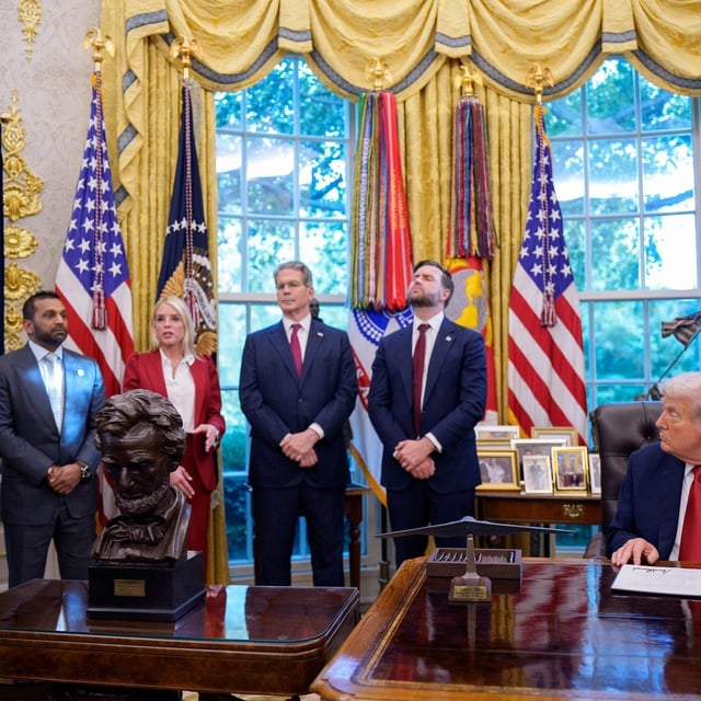 WASHINGTON, DC - SEPTEMBER 25: U.S. Attorney General Pam Bondi (3rd-L), accompanied by (L-R) White House Deputy Chief of Staff Stephen Miller, FBI Director Kash Patel, Treasury Secretary Scott Bessent, Vice President JD Vance and U.S. President Donald Trump, speaks as Trump signs executive orders in the Oval Office of the White House on September 25, 2025 in Washington, DC. Trump signed several executive orders, including approving a partial sale of TikTok's U.S. operations, following a 2024 law requiring parent company ByteDance to divest or face a ban. (Photo by Andrew Harnik/Getty Images)