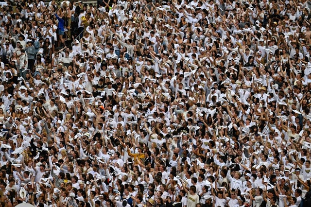The University of Colorado Buffaloes student section cheers during the game against Georgia Tech at Folsom Field in Boulder on Friday, Aug. 29, 2025. (Matthew Jonas/Staff Photographer)