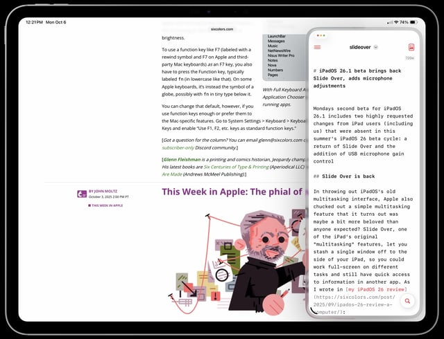 A tablet and phone display articles and notes. The tablet shows 'This Week in Apple: The phial of' with an illustration of a scientist. The phone lists 'slideover' features and iOS 26.1 beta details. Text includes 'brightness,' 'function key,' and 'microphone adjustments.'