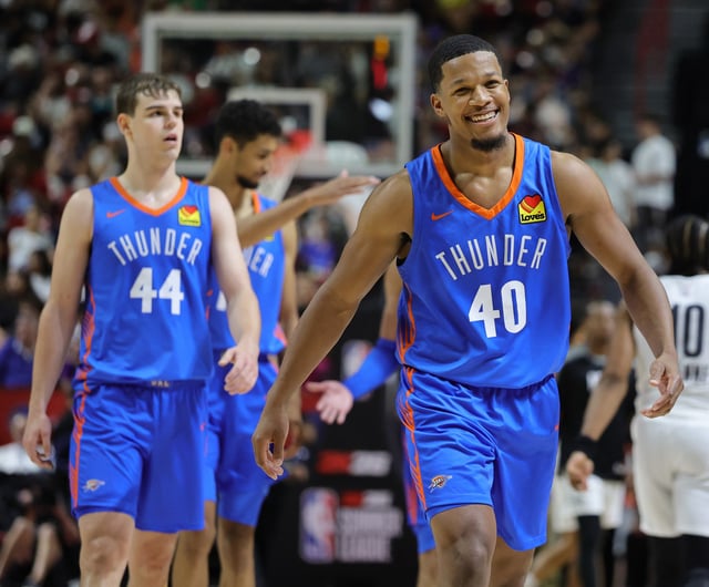 LAS VEGAS, NEVADA - JULY 10: Nikola Topic #44 and Chris Youngblood #40 of the Oklahoma City Thunder walk off the court during a break in the second half of a 2025 NBA Summer League game against the Brooklyn Nets at the Thomas & Mack Center on July 10, 2025 in Las Vegas, Nevada. NOTE TO USER: User expressly acknowledges and agrees that, by downloading and or using this photograph, User is consenting to the terms and conditions of the Getty Images License Agreement. (Photo by Ethan Miller/Getty Images)