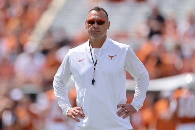 AUSTIN, TEXAS - SEPTEMBER 13: Head coach Steve Sarkisian of the Texas Longhorns watches players warm up before the game against the UTEP Miners at Darrell K Royal-Texas Memorial Stadium on September 13, 2025 in Austin, Texas. (Photo by Tim Warner/Getty Images)