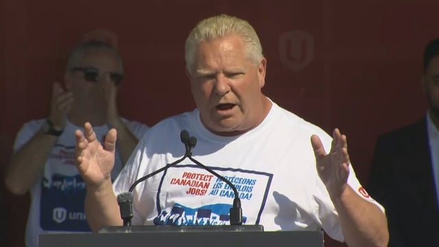 Ontario Premier Doug Ford speaks at a Unifor rally outside the Stellantis plant in Brampton, Ont., on Saturday, Oct. 4, 2025.