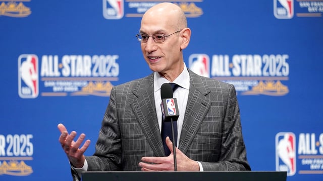 Feb 15, 2025; San Francisco, CA, USA; NBA commissioner Adam Silver speaks in a press conference during All Star Saturday Night ahead of the 2025 NBA All Star Game at Chase Center. Mandatory Credit: Cary Edmondson-Imagn Images