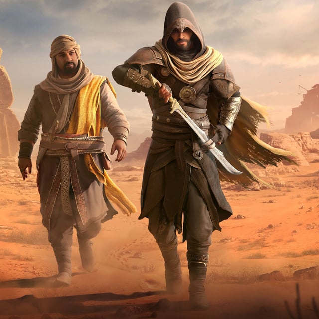 Assassin's Creed Mirage: Valley of Memory key art - two dudes in the desert