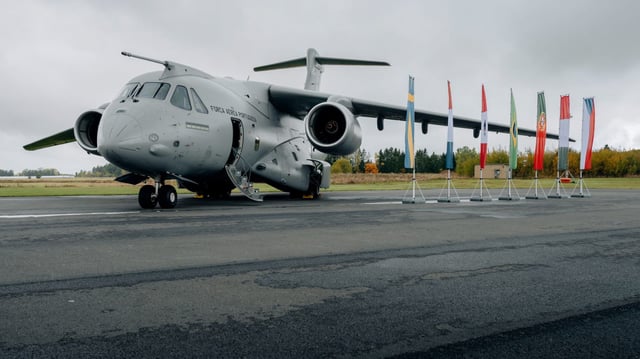 A C-390 Millennium of the Força Aérea Portuguesa (Portuguese Air Force) at Uppsala Air Base, Sweden, during the signing ceremony of the contract between the Flygvapnet and Embraer on Oct. 6, 2025. (Image credit: Forsvarsmakten)