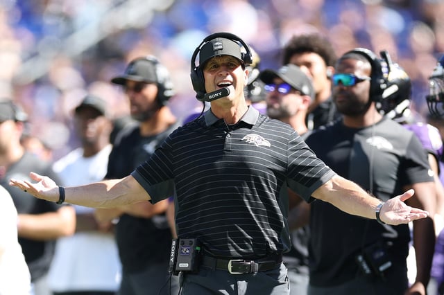 Head coach John Harbaugh of the Baltimore Ravens reacts to a pass interference call during the second quarter against the Houston Texans in the game at M&T Bank Stadium on October 05, 2025 in Baltimore, Maryland.