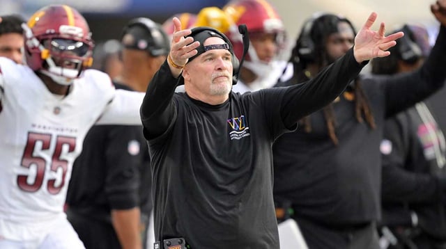 Oct 5, 2025; Inglewood, California, USA; Washington Commanders head coach Dan Quinn reacts in the second half against the Los Angeles Chargers at SoFi Stadium. Mandatory Credit: Jayne Kamin-Oncea-Imagn Images