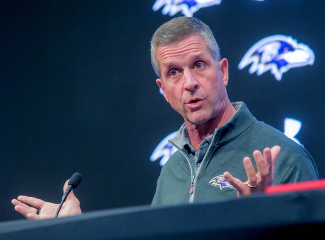 Baltimore Ravens head coach John Harbaugh addresses the media at Baltimore’s training facility about their 1-4 NFL start after a 44-10 loss to the 2-3 Houston Texans. (Karl Merton Ferron/Staff)