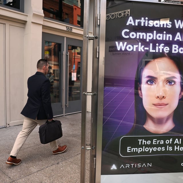 FILE - An advertisement for the AI company Artisan is posted on 2nd Street on Dec. 5, 2024, in San Francisco. (Photo by Justin Sullivan/Getty Images)
