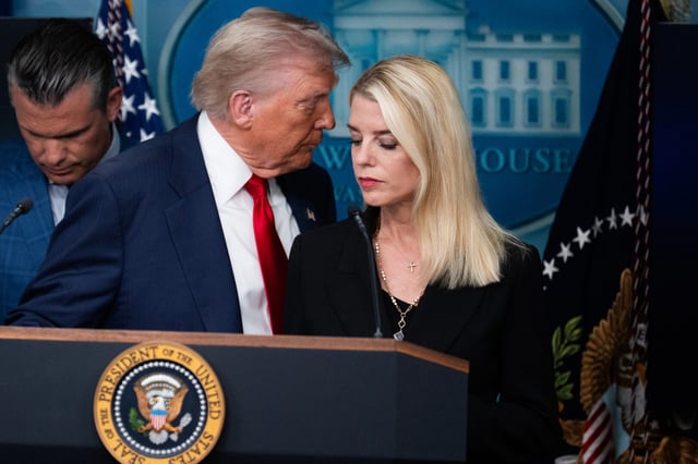 President Donald Trump, Attorney General Pam Bondi and Defense Secretary Pete Hegseth conduct a news conference in the White House briefing room in August.