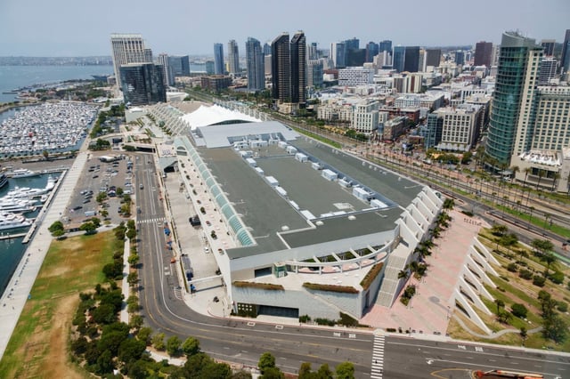 An arial view of the San Diego Convention Center, as pictured on Aug. 4, 2025. (K.C. Alfred / The San Diego Union-Tribune)