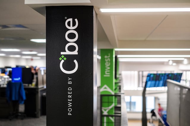 A logo for CBOE (Chicago Board Options Exchange) Global Markets is displayed at their headquarters in Chicago, Illinois, U.S., April 11, 2024. REUTERS/Jim Vondruska
