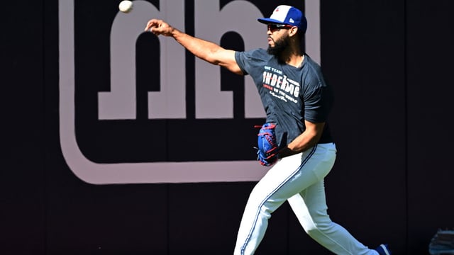 Oct 3, 2025; Toronto, Ontario, Canada; Toronto Blue Jays pitcher Seranthony Dominguez (48) throws the ball during workouts at Rogers Centre. Mandatory Credit: Dan Hamilton-Imagn Images.