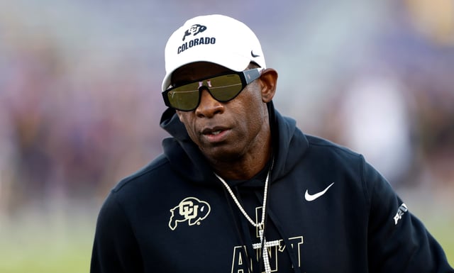 FORT WORTH, TEXAS - OCTOBER 04: Head coach Deion Sanders of the Colorado Buffaloes looks on before the game against TCU Horned Frogs at Amon G. Carter Stadium on October 4, 2025 in Fort Worth, Texas. (Photo by Ron Jenkins/Getty Images)