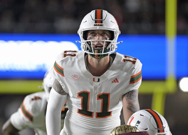 Oct 4, 2025; Tallahassee, Florida, USA; Miami Hurricanes quarterback Carson Beck (11) at the line during the first half against the Florida State Seminoles at Doak S. Campbell Stadium. Mandatory Credit: Melina Myers-Imagn Images/ File Photo