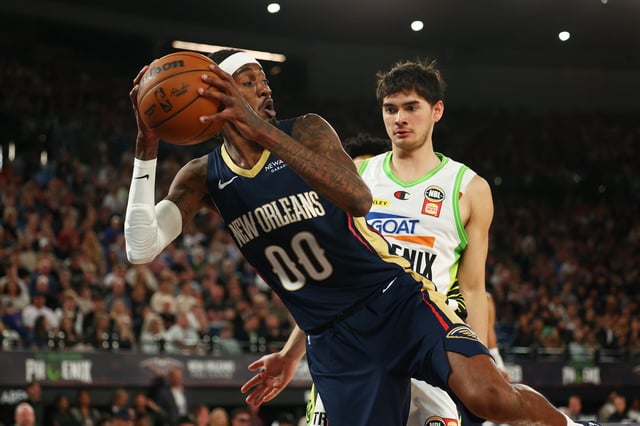 MELBOURNE, AUSTRALIA - OCTOBER 05: Jalen McDaniels of the Pelicans in action during the NBAxNBL match between South East Melbourne Phoenix and New Orleans Pelicans at Rod Laver Arena on October 05, 2025 in Melbourne, Australia. (Photo by Morgan Hancock/Getty Images)