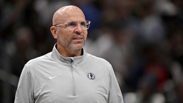 Apr 11, 2025; Dallas, Texas, USA; Dallas Mavericks head coach Jason Kidd looks on during the second quarter against the Toronto Raptors at the American Airlines Center. Mandatory Credit: Jerome Miron-Imagn Images