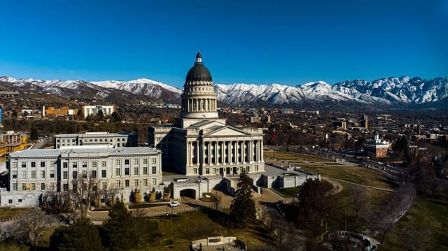 The Utah State Capitol overlooking the Salt Lake City skyline and the Wasatch Mountain range is seen in March 2024. (Joe Sohm/Visions of America/Universal Images Group via Getty Images)