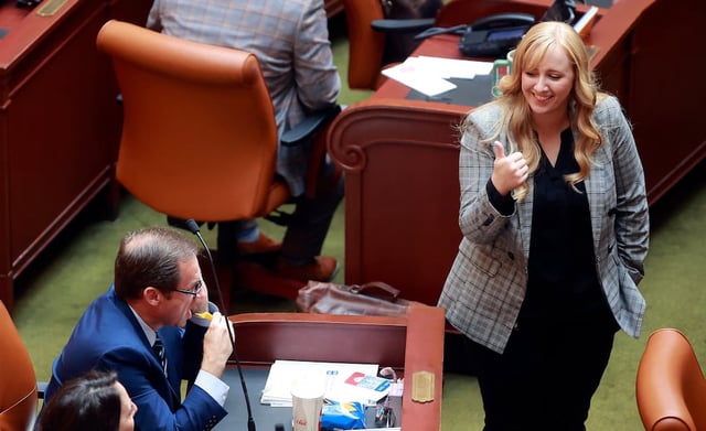 Rep. Candice Pierucci, co-chair of the Legislative Redistricting Committee and bill sponsor of SB1012 Congressional Boundaries Designation, gives a thumbs-up after SB1012 Congressional Boundaries Designation was passed during a special session in the House chamber at the Capitol in Salt Lake City on Monday, Oct. 6, 2025.
