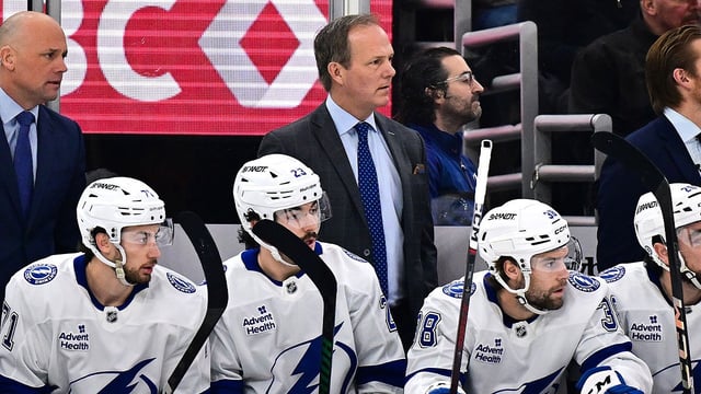 Jan 24, 2025; Chicago, Illinois, USA; Tampa Bay Lightning head coach Jon Cooper looks on against the Chicago Blackhawks during the first period at the United Center. Mandatory Credit: Daniel Bartel-Imagn Images
