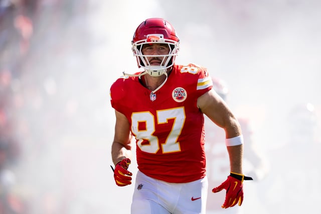 Travis Kelce #87 of the Kansas City Chiefs takes the field prior to an NFL football game against the Baltimore Ravens at GEHA Field at Arrowhead Stadium on September 28, 2025 in Kansas City, Missouri.