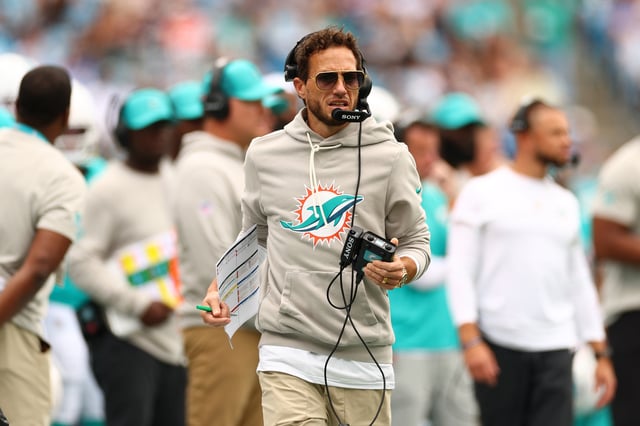 CHARLOTTE, NORTH CAROLINA - OCTOBER 05: Head coach Mike McDaniel of the Miami Dolphins looks on during the second quarter against the Carolina Panthers in the game at Bank of America Stadium on October 05, 2025 in Charlotte, North Carolina. (Photo by Grant Halverson/Getty Images)