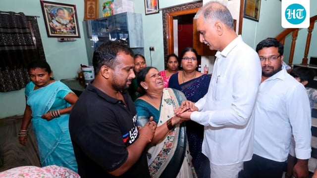 BRS MLA Harish Rao Thanneeru meets bereaved family members of Pole Chandrashekar, an Indian student from Hyderabad who was killed on Friday night in Dallas, USA,