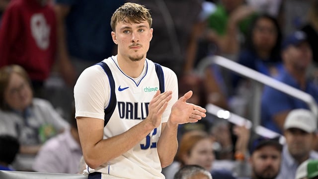 Oct 6, 2025; Fort Worth, Texas, USA; Dallas Mavericks forward Cooper Flagg (32) looks on during the second quarter against the Oklahoma City Thunder at Dickie's Arena. Mandatory Credit: Jerome Miron-Imagn Images