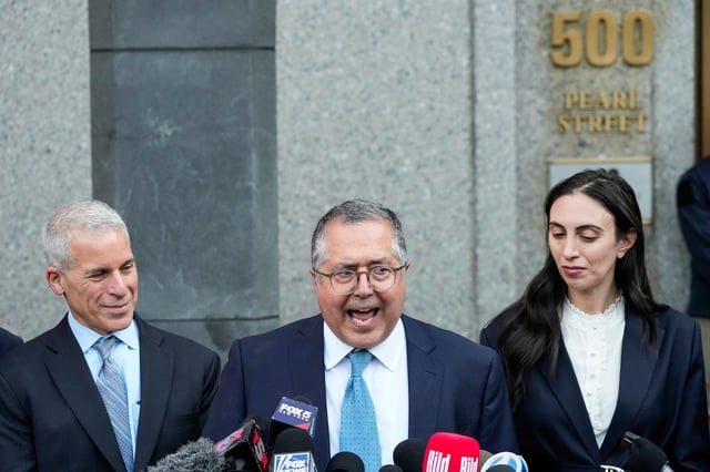 NEW YORK, NEW YORK - JULY 02: Marc Agnifilo, (C)  attorney for Sean "Diddy" Combs, gives a brief statement next to lawyers Teny Geragos (R) and  Brian Stee at Manhattan Federal Court after Comb's bail hearing following his sex trafficking and racketeering trial on July 02, 2025 in New York City. Combs was found not guilty of racketeering and sex trafficking but convicted of a less serious prostitution charge after a high-profile seven week trial in New York. He was denied bail and will remain in custody until his sentencing.(Photo by Eduardo Munoz Alvarez/Getty Images)