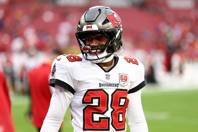 Shilo Sanders #28 of the Tampa Bay Buccaneers smiles prior to an NFL preseason football game against the Buffalo Bills at Raymond James Stadium on August 23, 2025 in Tampa, Florida.