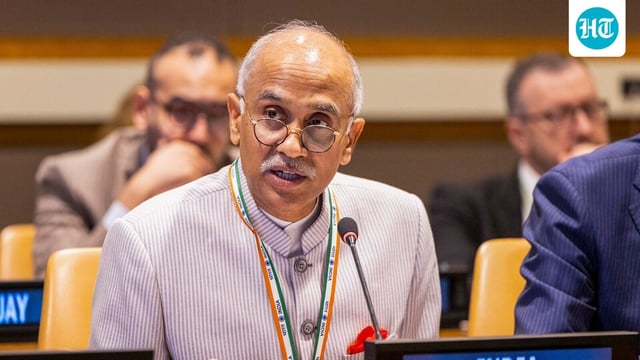 Permanent Representative of India to the United Nations Parvathaneni Harish speaks during a meeting at the UN.