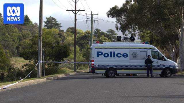 A police car on a residential road.
